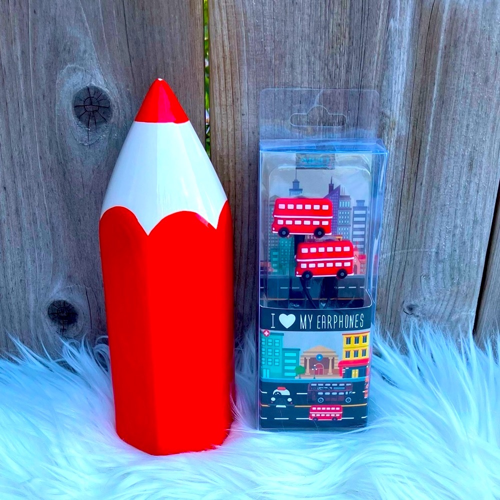 Red Pencil Shaped Piggy Bank + Red Bus Earphones